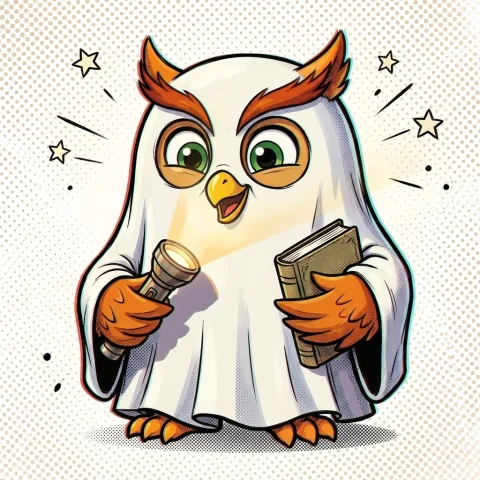 Hoot in a bedsheet ghost costume with a flashlight and a book