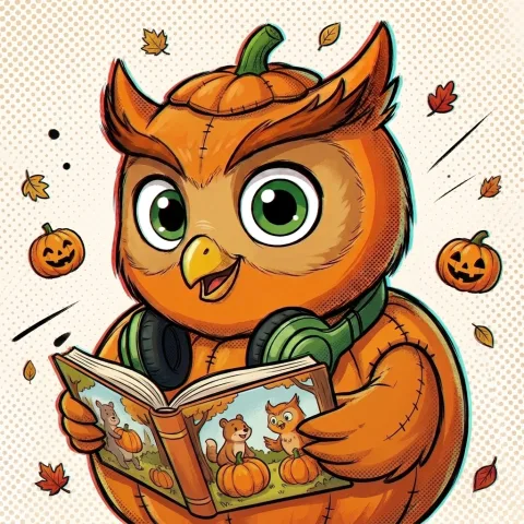 Hoot dressed as a pumpkin, reading a picture book