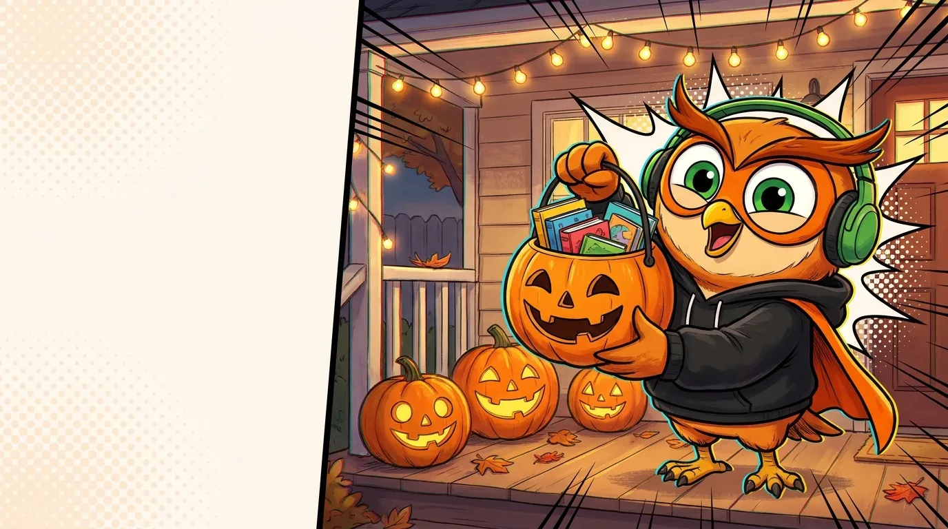 Hoot the HootRated owl trick-or-treating with a jack-o'-lantern bucket full of books