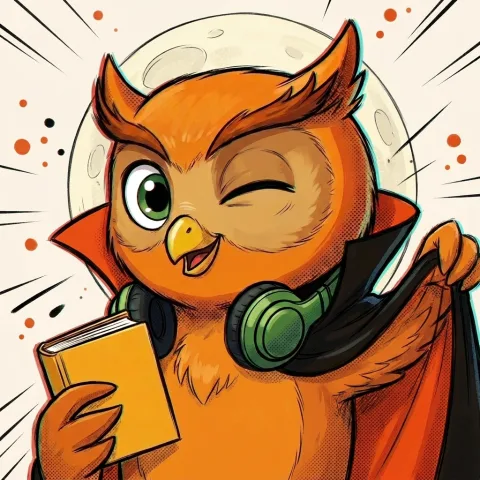 Hoot in a vampire cape, winking