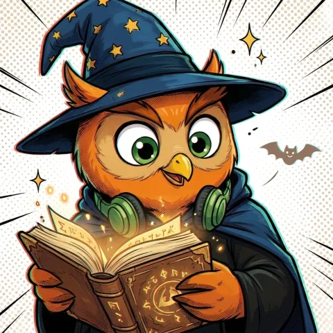 Hoot dressed as a young wizard reading a glowing spell book